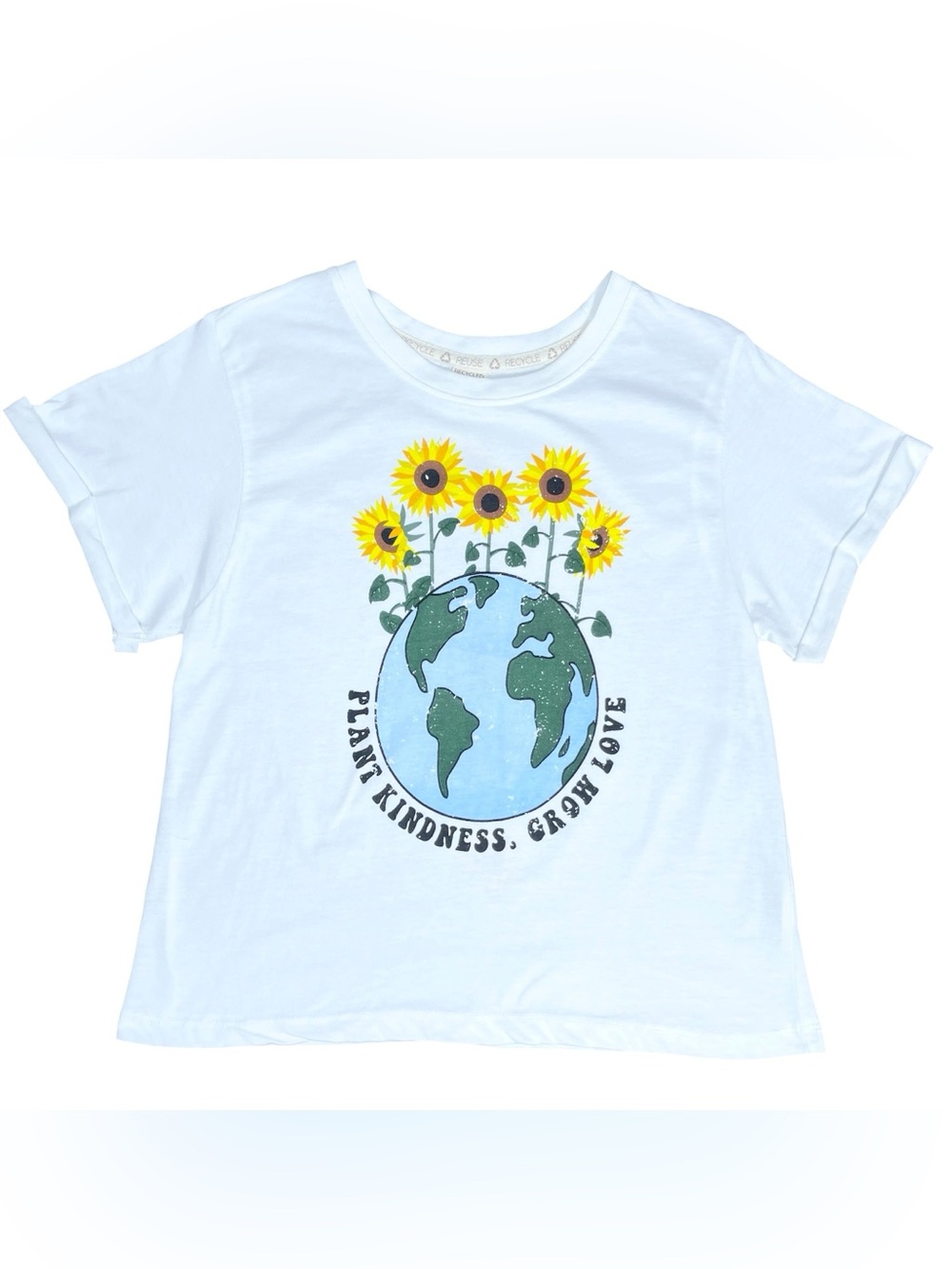 Sunflower Earth Day Relaxed Fit Cropped White Cotton Tee by Recycled Threads, M